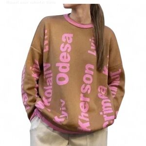 COOSH Wool Brown Sweater W/Holografic Pink & Distressed Accents Round Neck M-L